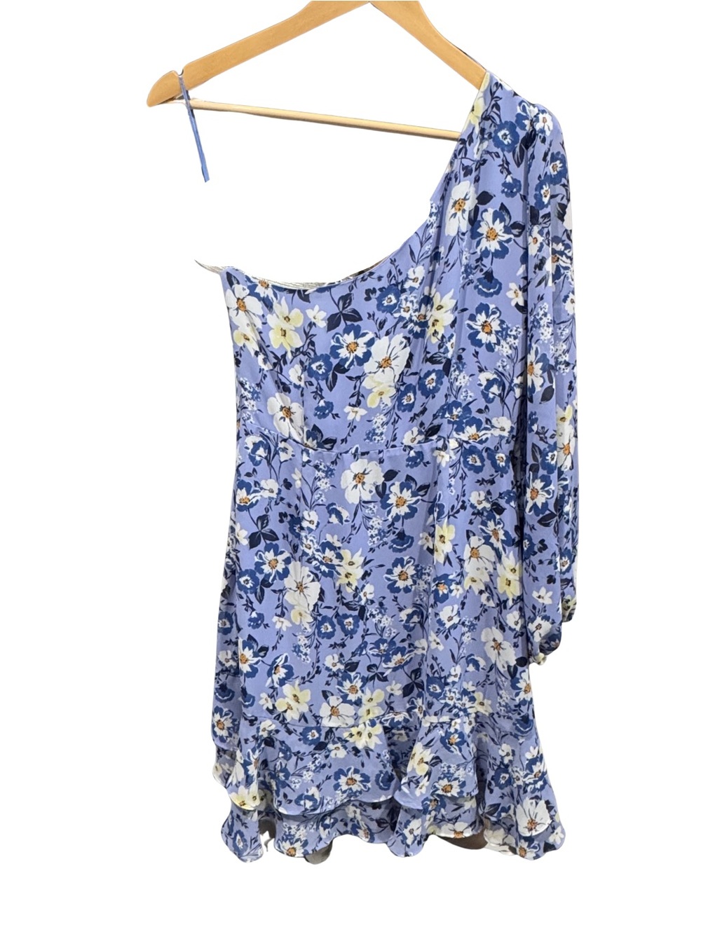ASTR The Label Floral One Shoulder Mini Dress M Blue Ruffle Hem Party - Picture 4 of 10